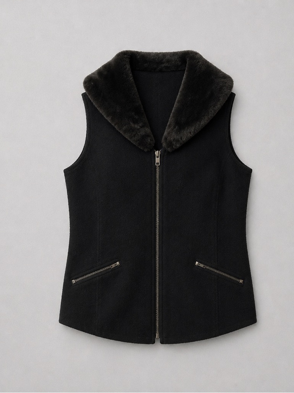 Sleeveless Zip-Front Vest with Faux-Fur Collar - Black